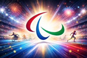 Das paralympische Symbol und paralympische Athleten im Glanzlicht eines Stadions