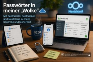 Arbeitsplatz mit Laptop, Smartphone und Tablet, auf denen KeePassXC und KeePassium laufen, verbunden über Nextcloud – Darstellung sicherer Passwortverwaltung in der eigenen "Wolke".